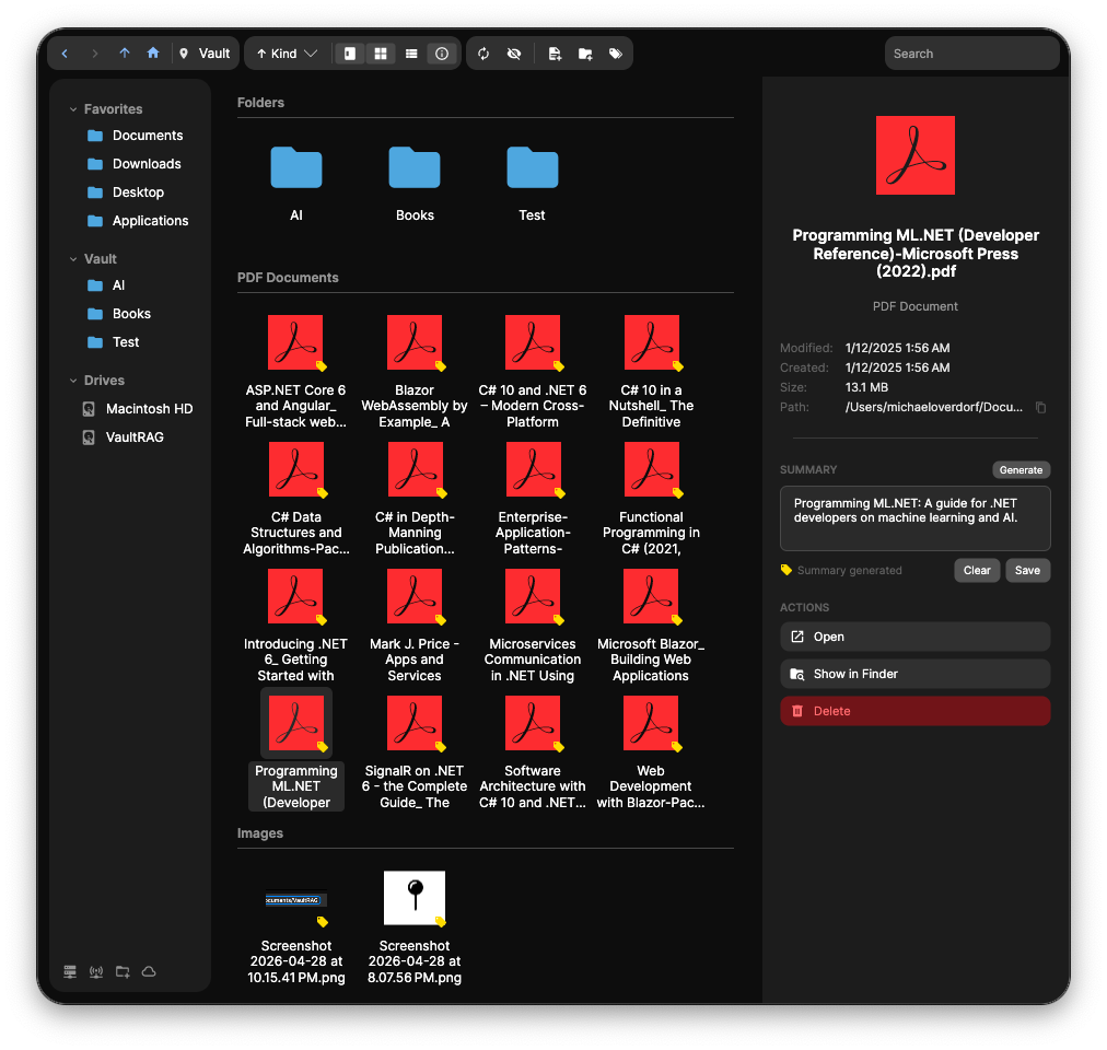 VaultRAG file manager showing folders, PDF documents, sidebar with Favorites, Vault, and Drives, and a preview pane on the right