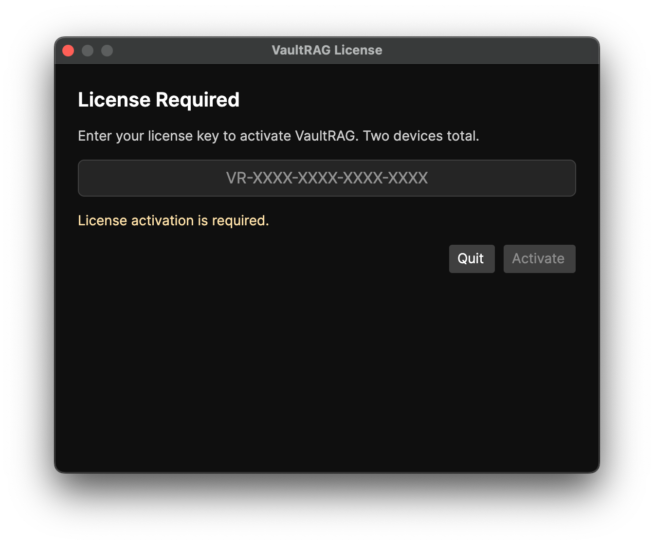 VaultRAG license activation screen