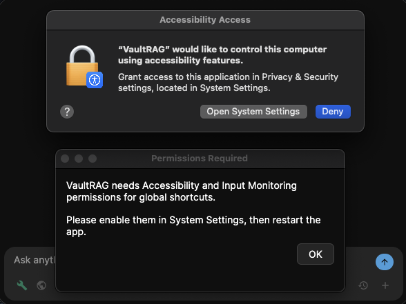 macOS Accessibility prompt asking to allow VaultRAG to control the computer