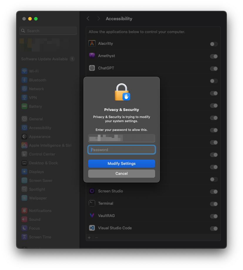 macOS Privacy and Security password prompt for changing Accessibility settings