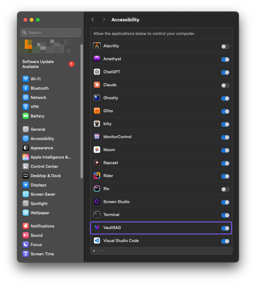 macOS Accessibility settings with VaultRAG enabled