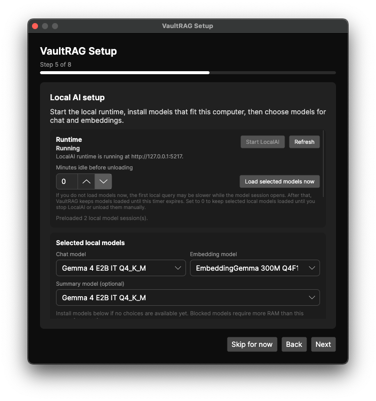 VaultRAG local AI runtime and model selection