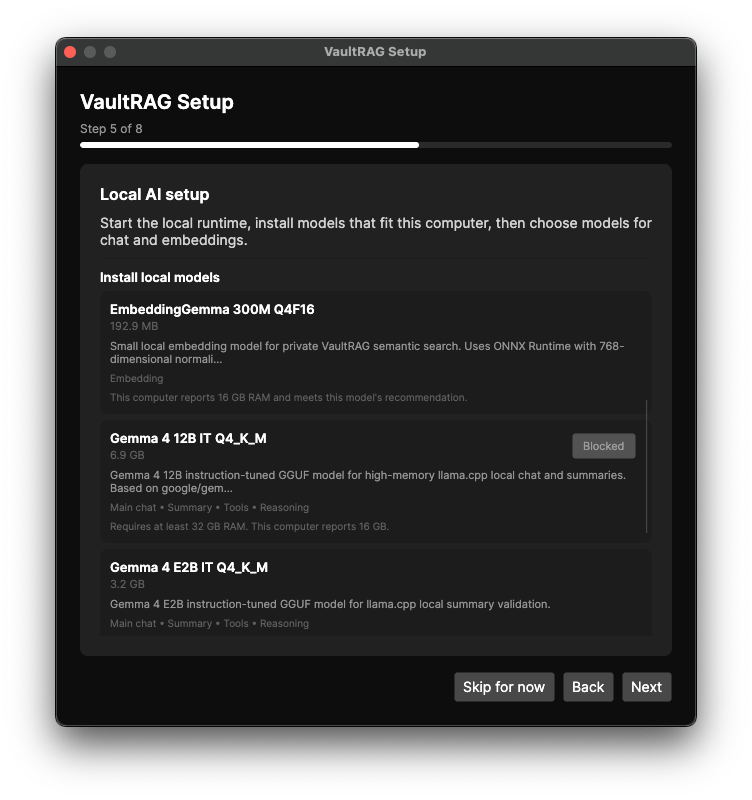 VaultRAG install local models list with sizes and RAM requirements