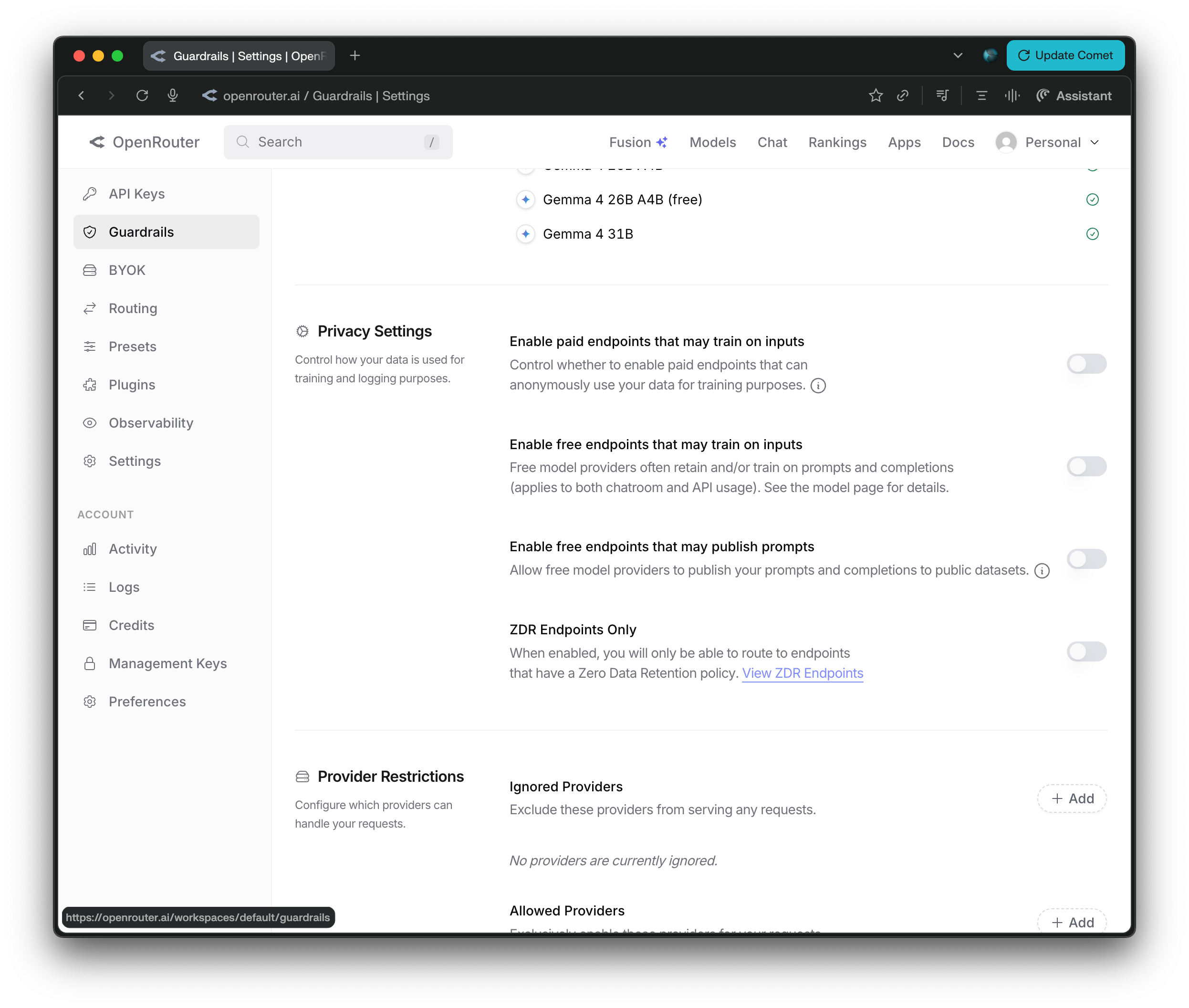 OpenRouter guardrails settings