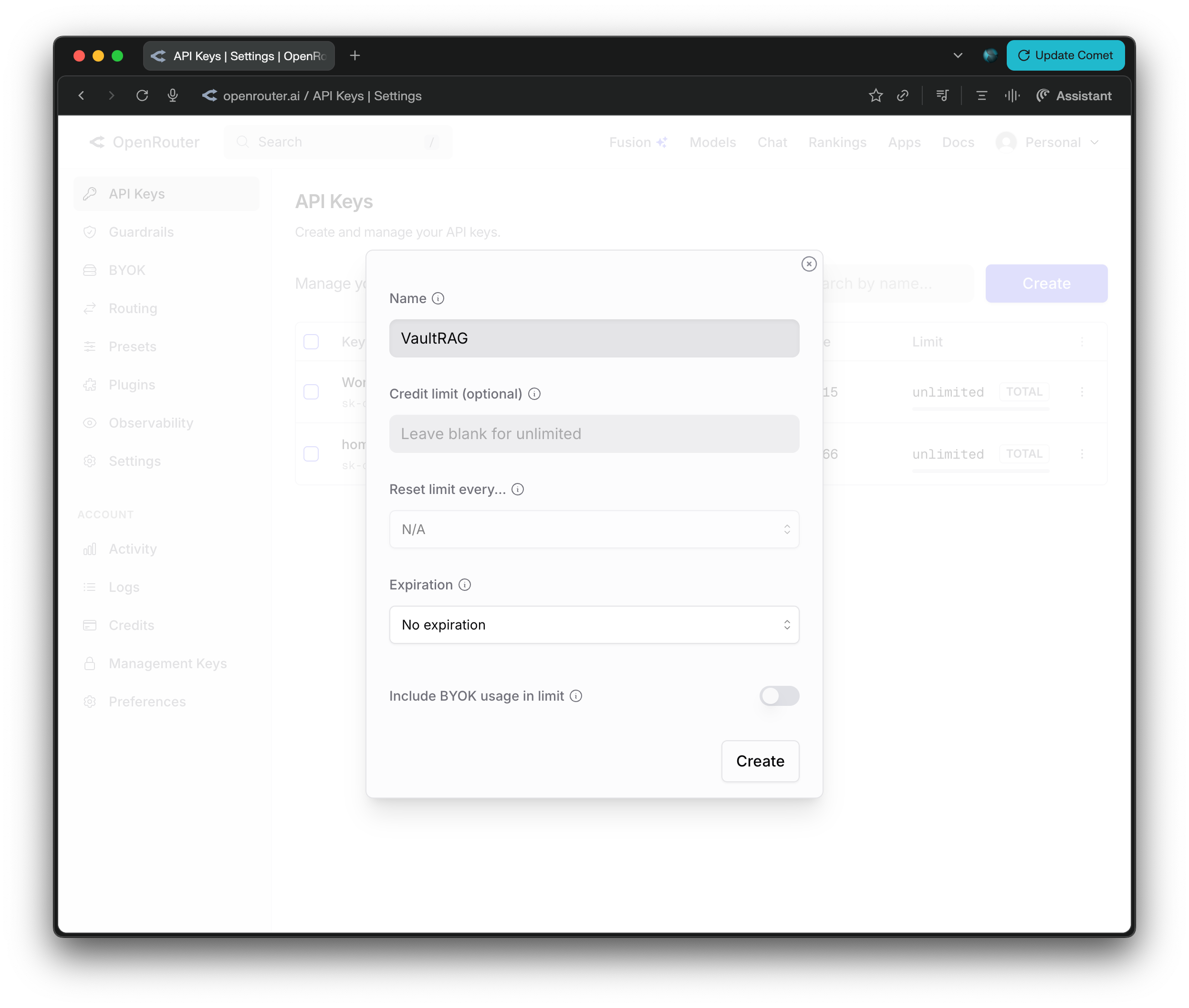 OpenRouter create API key