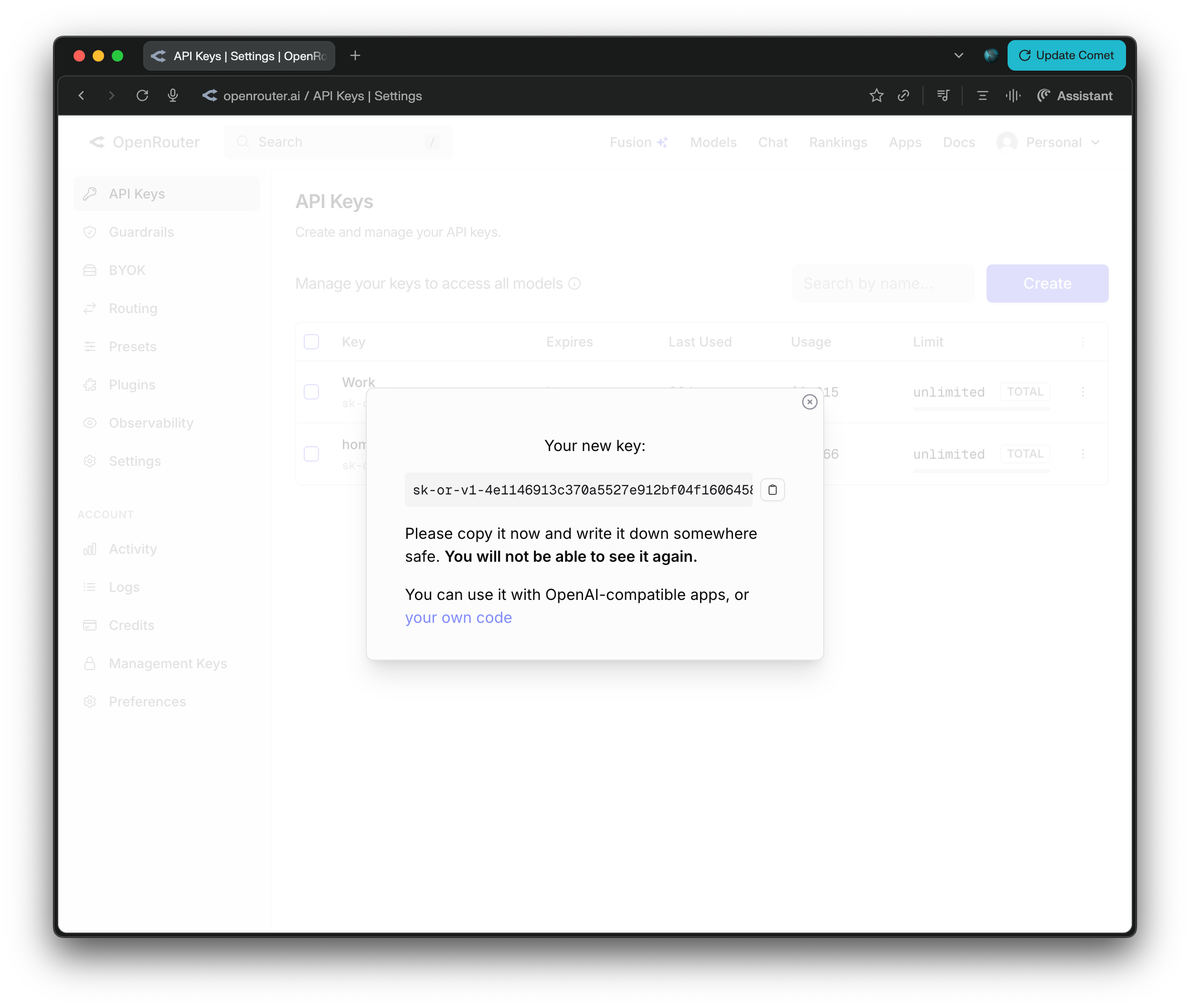 OpenRouter copy API key