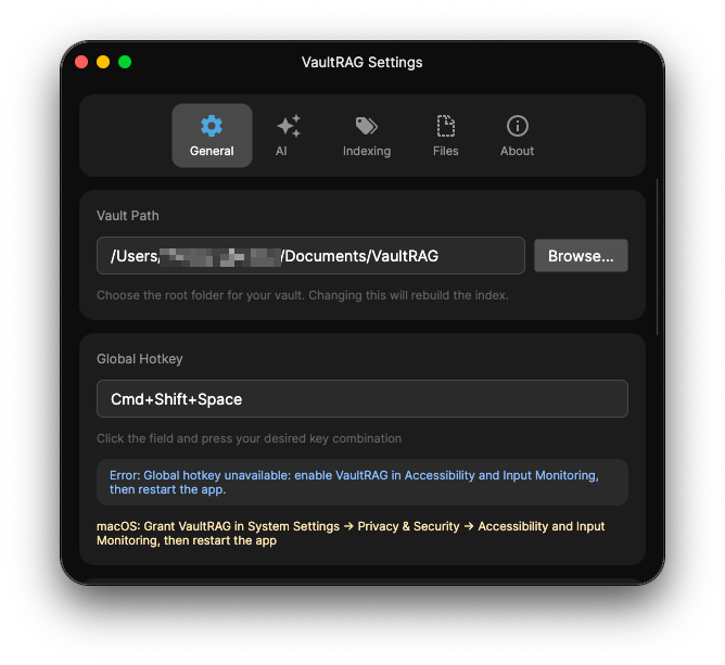 VaultRAG Settings - General tab