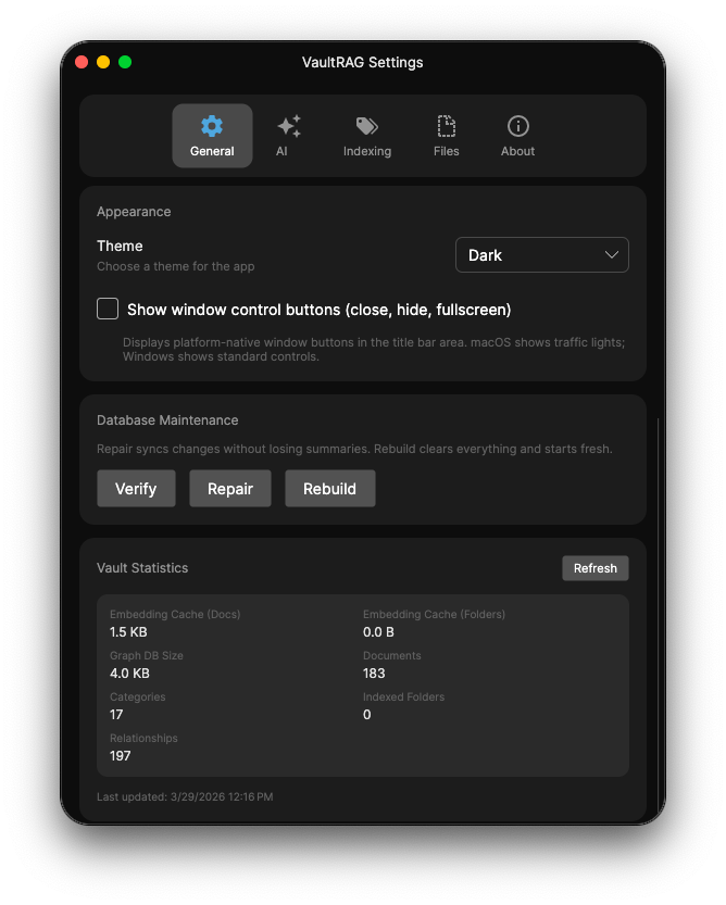 VaultRAG Settings - General tab bottom