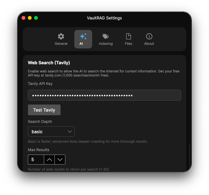 VaultRAG Settings - AI tab web search