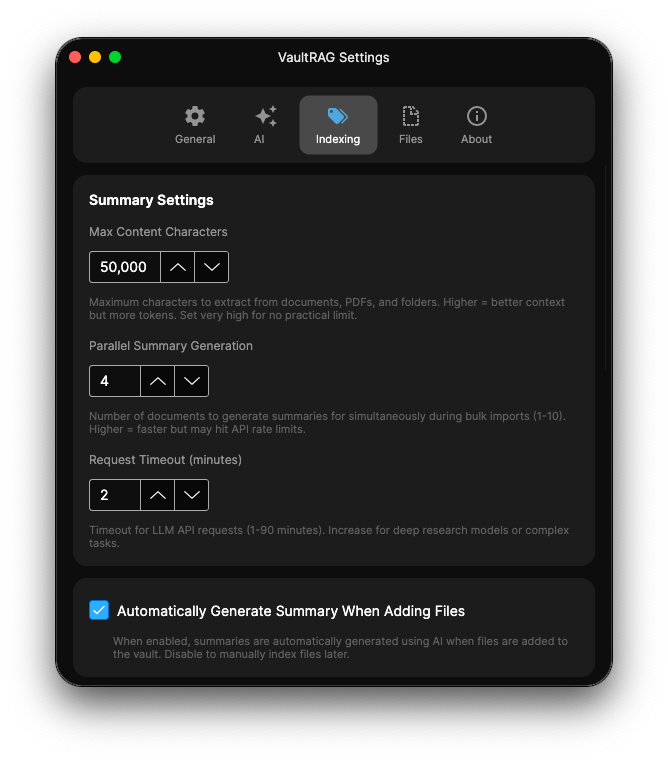VaultRAG Settings - Indexing summary settings