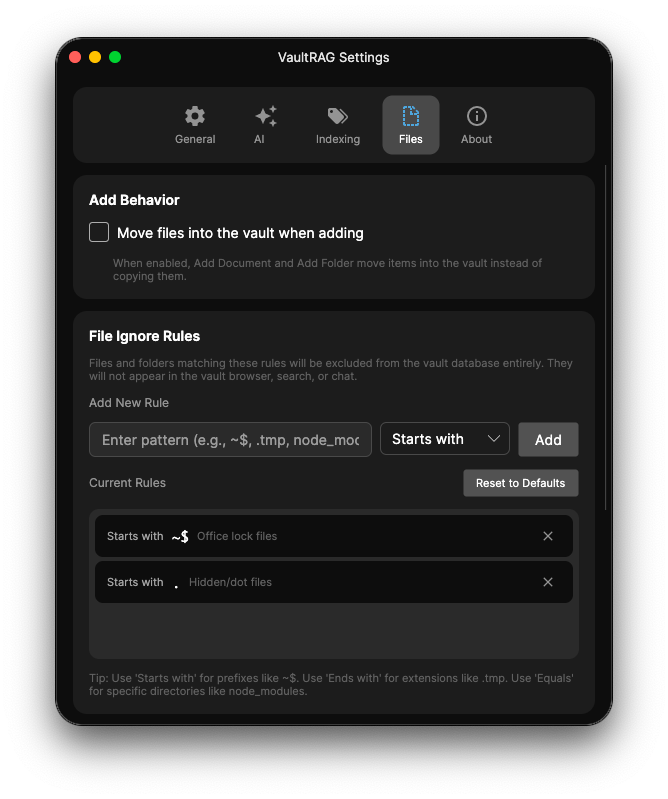 VaultRAG Settings - Files tab ignore rules