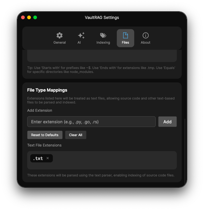 VaultRAG Settings - Files tab type mappings