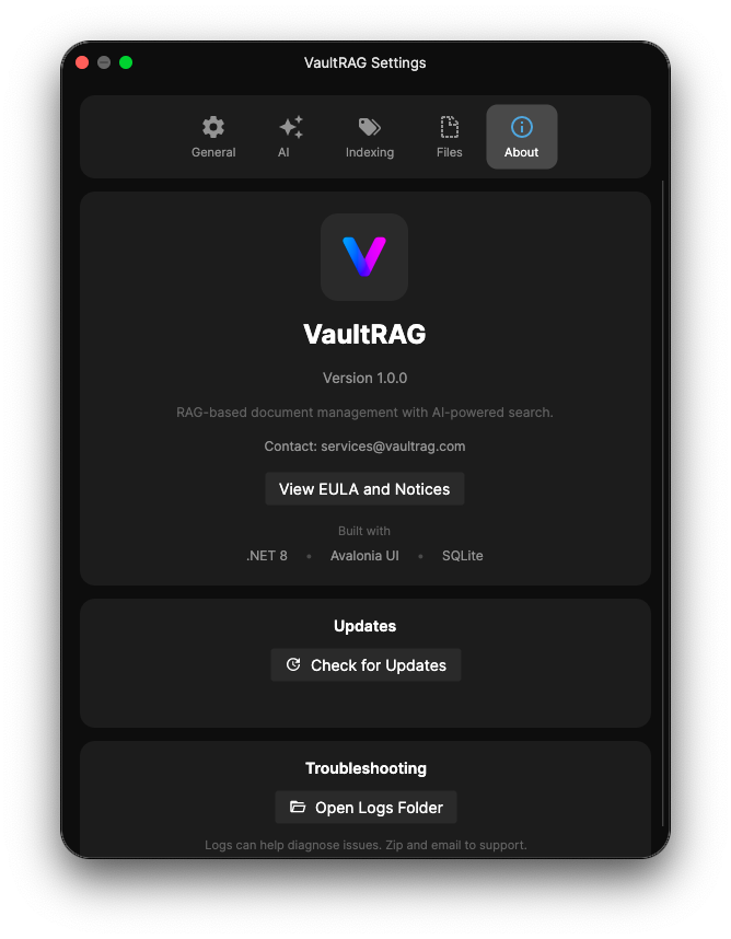 VaultRAG Settings - About tab
