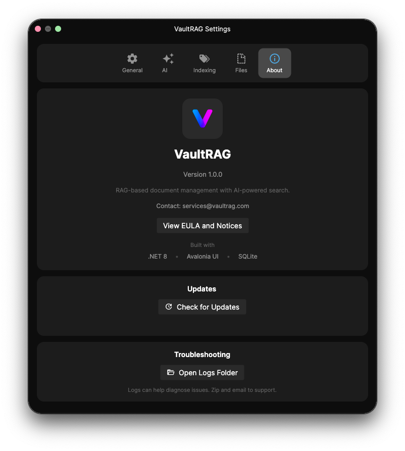 VaultRAG Settings - About tab
