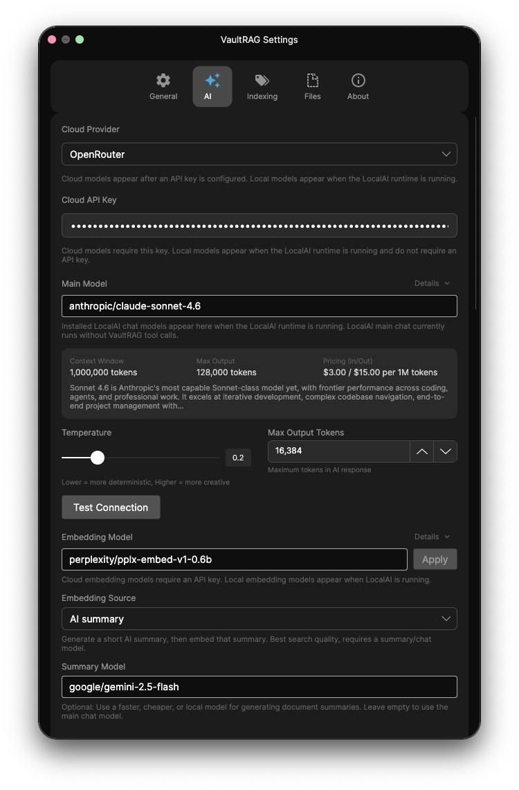 VaultRAG Settings - AI tab cloud provider, models, and embedding