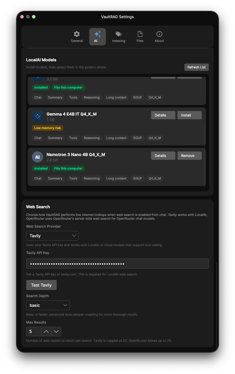 VaultRAG Settings - AI tab local model installer and web search