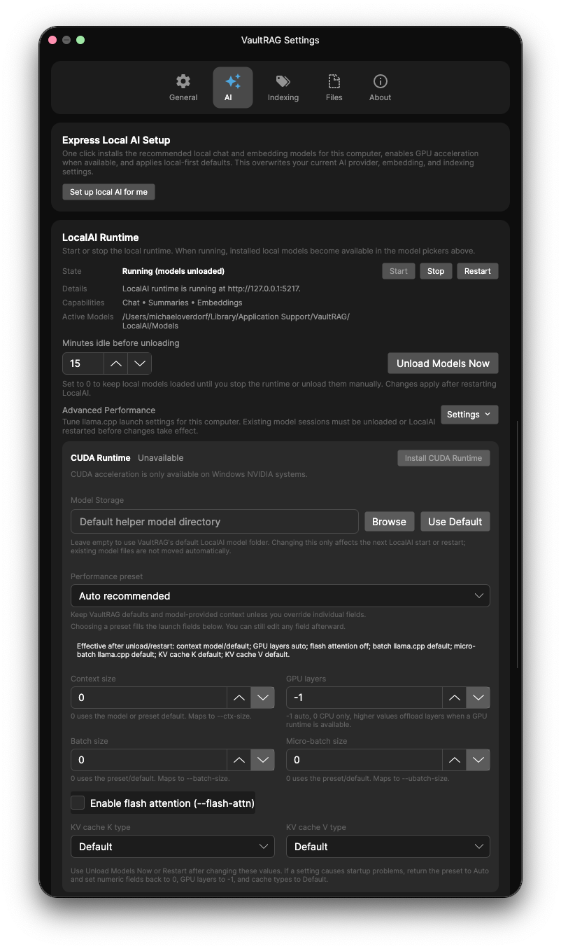 VaultRAG Settings - AI tab LocalAI runtime and advanced performance