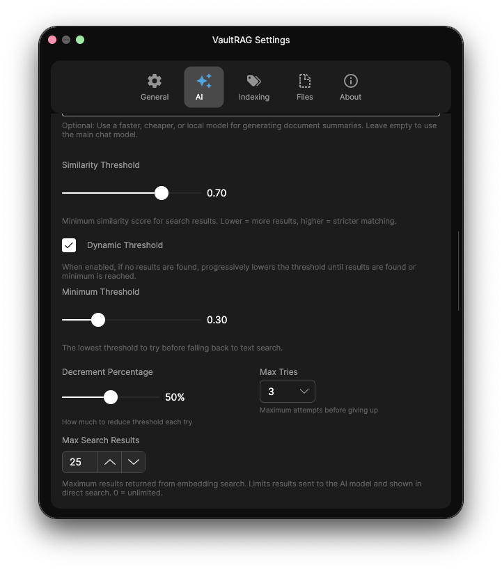 VaultRAG Settings - AI tab search tuning thresholds