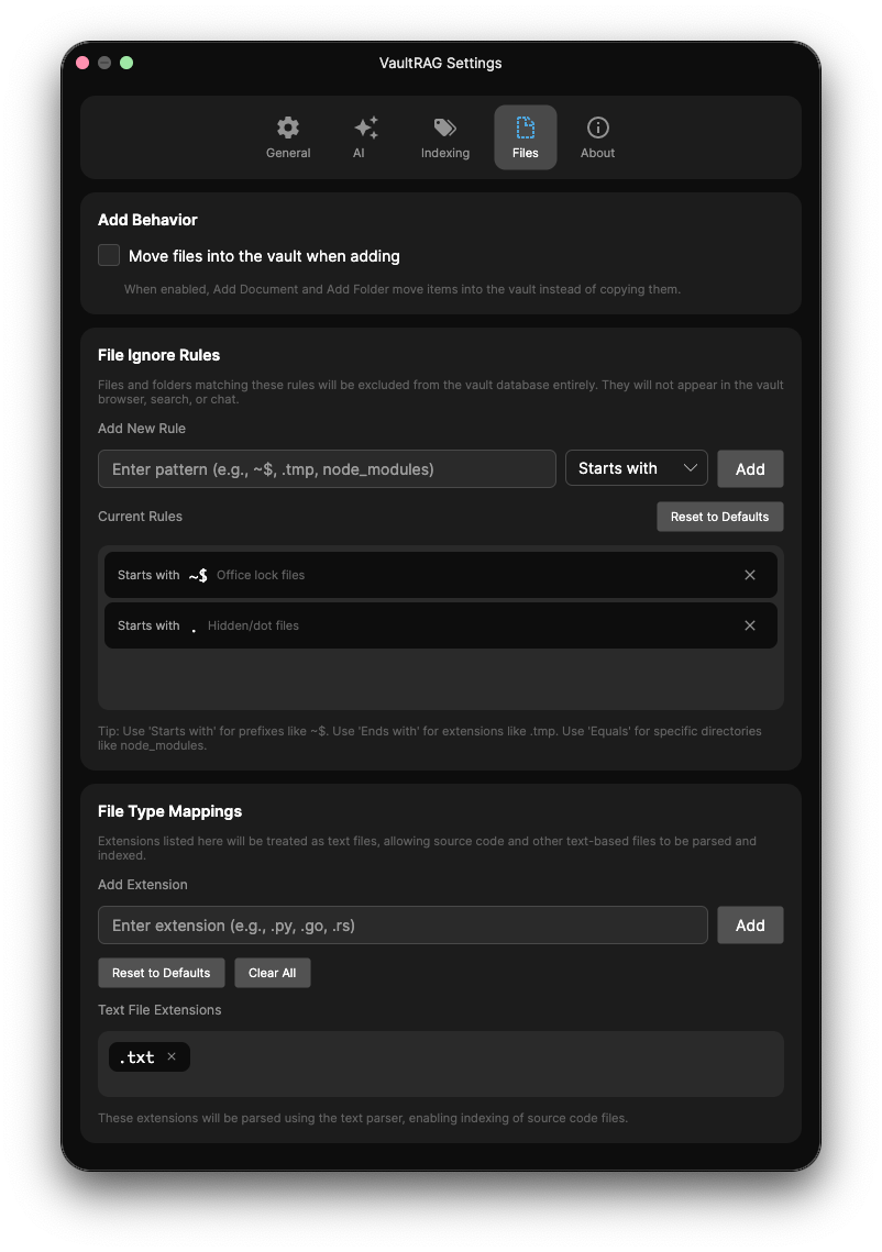 VaultRAG Settings - Files tab