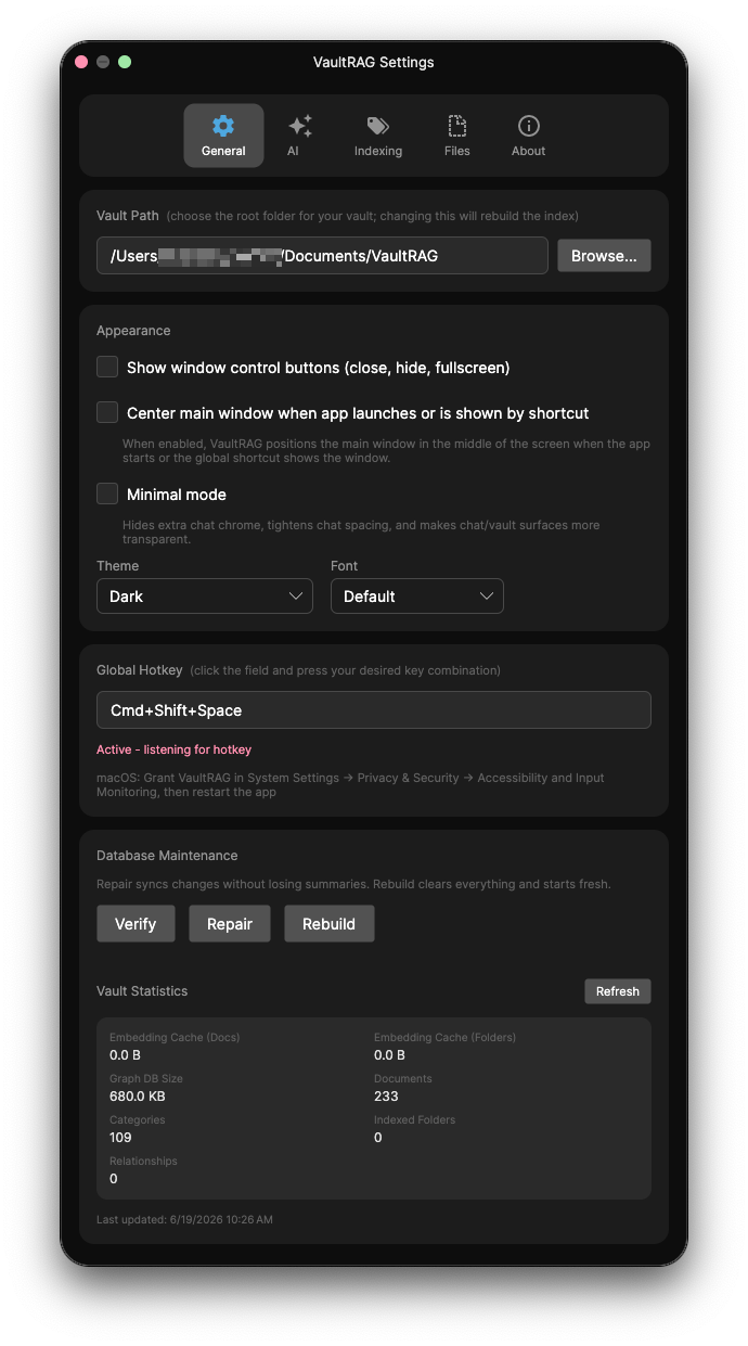 VaultRAG Settings - General tab