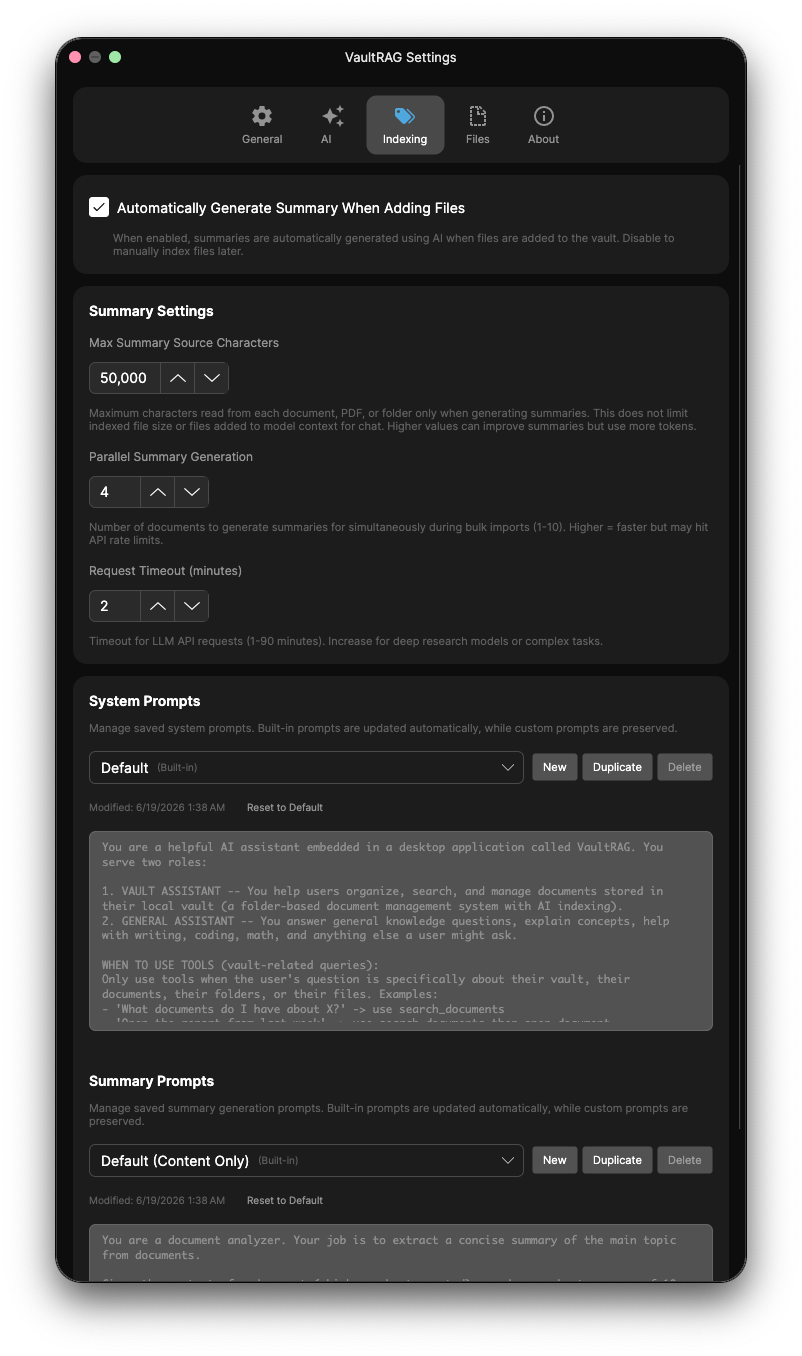 VaultRAG Settings - Indexing tab