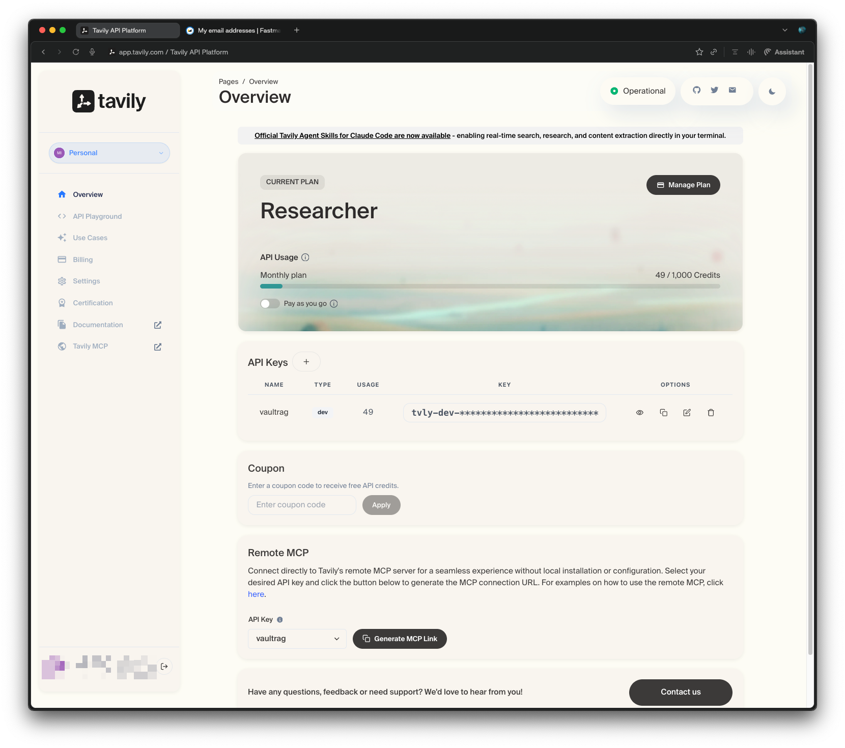 Tavily dashboard overview