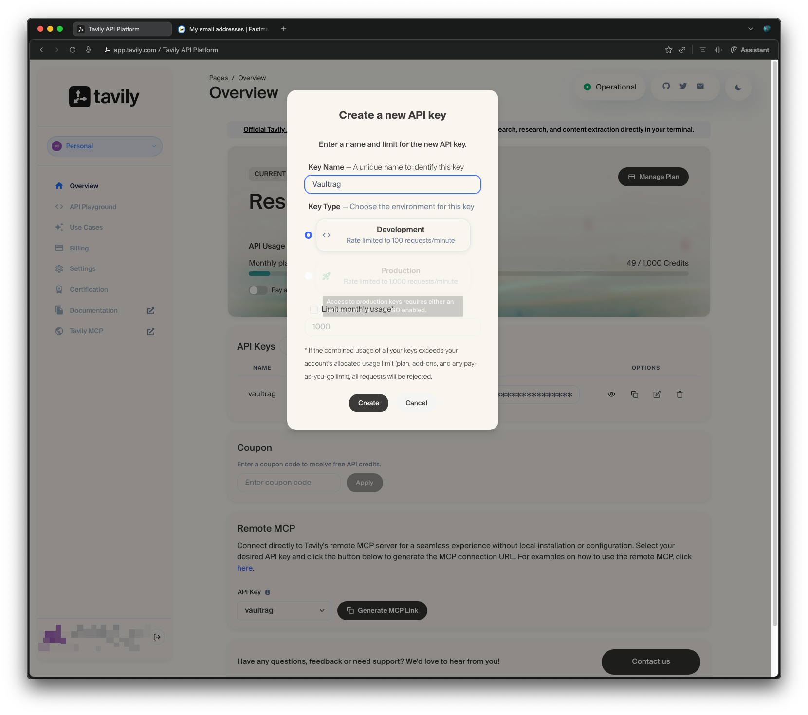 Tavily API key section