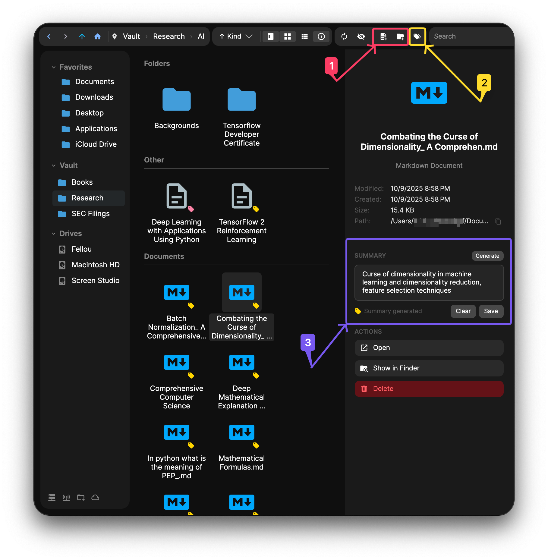 VaultRAG vault browser with import and summary toolbar buttons highlighted