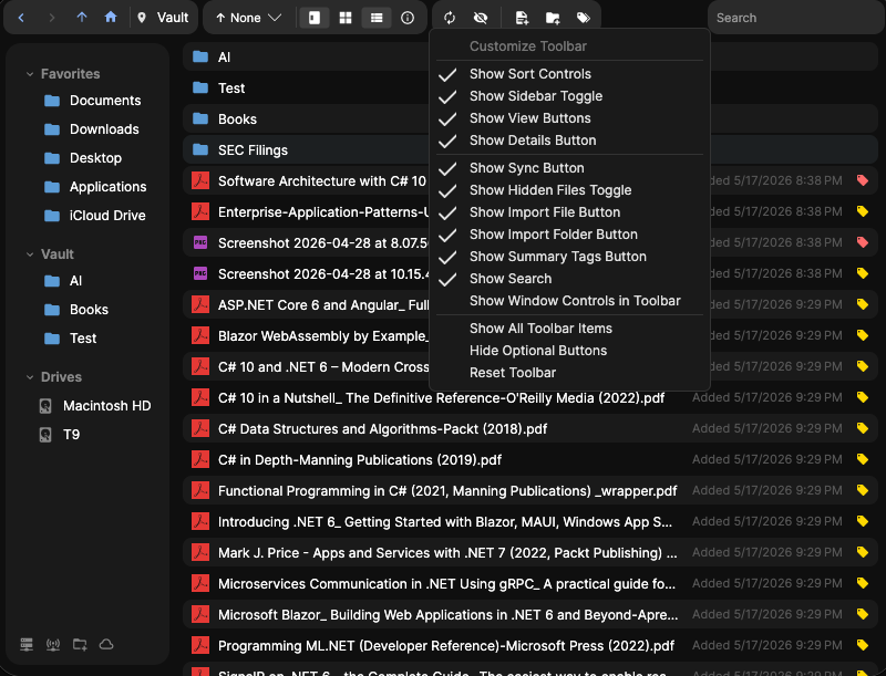 VaultRAG vault toolbar options menu for showing, hiding, and resetting toolbar buttons